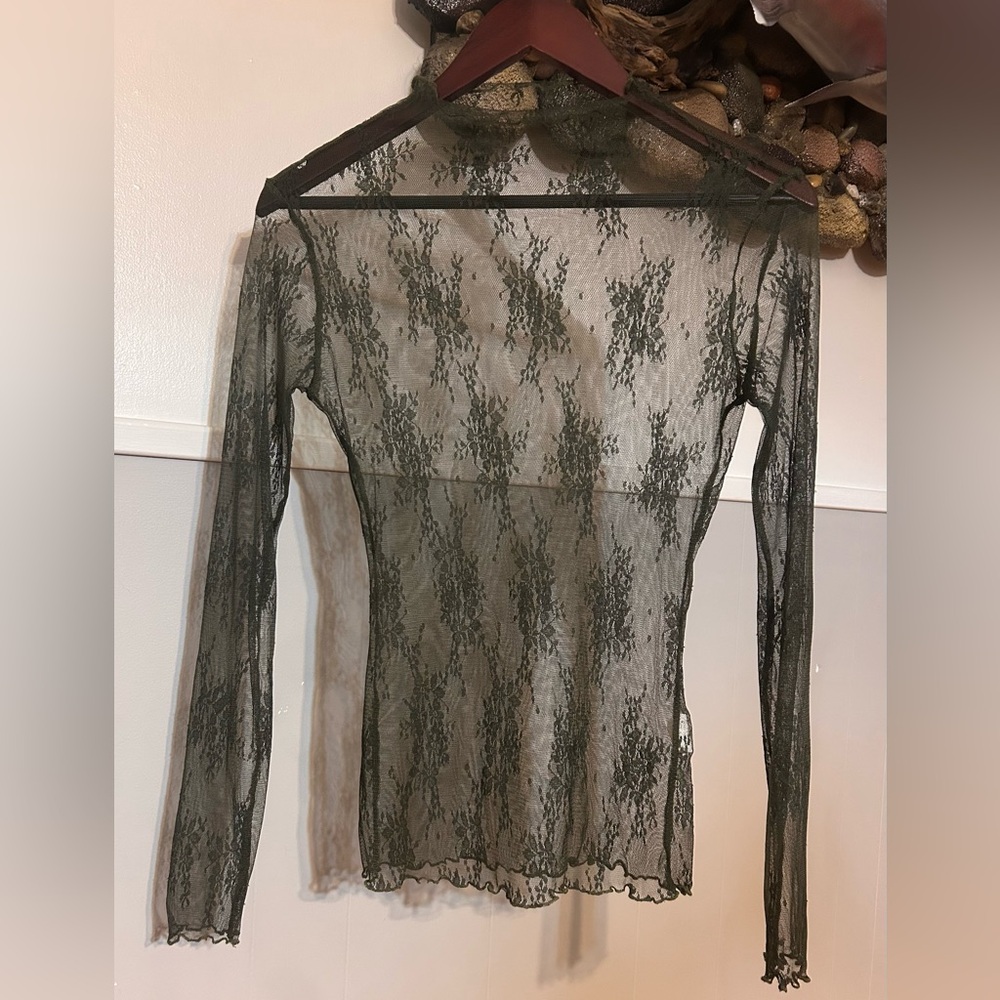 Mesh Dark Green Sheer Lace Long Sleeve